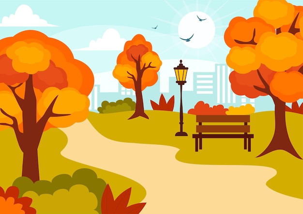 Autumn Landscape Background Vector Illustration with Mountains Fields and Fall Leaves Templates