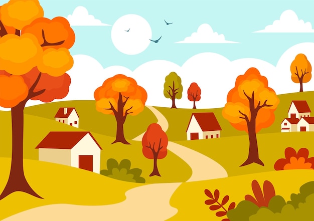 Autumn landscape background vector illustration with mountains fields and fall leaves templates