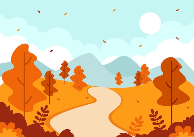 Autumn Landscape Background Vector Illustration with Mountains Fields Trees and Fall Leaves