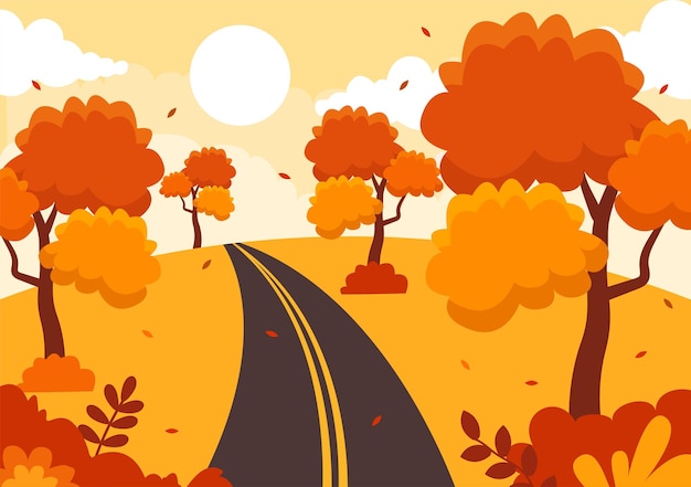 Vector autumn landscape background vector illustration with mountains fields trees and fall leaves