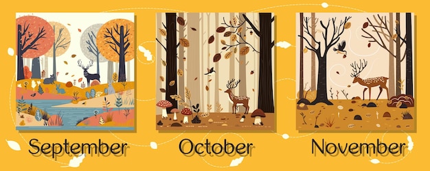 Calendario del paesaggio autunnale con cervi settembre ottobre novembre su poster a cornice gialla sfondo della foresta autunnale le foglie marroni stanno cadendo paesaggio del paese delle meraviglie nella stagione autunnale illustrazione vettoriale