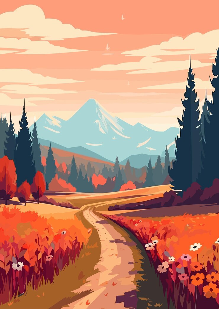 Vector autumn landscape cartoon colorful flat vector illustration