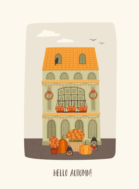 Autumn landscape Decorated house Vector illustration for card poster flyer web and other