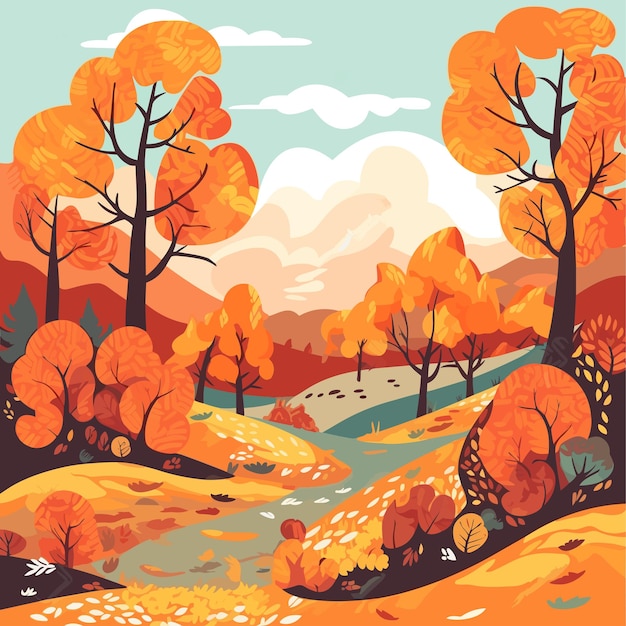 Paesaggio autunnale un dipinto digitale di un paesaggio con alberi e un fiume illustrazione vettoriale