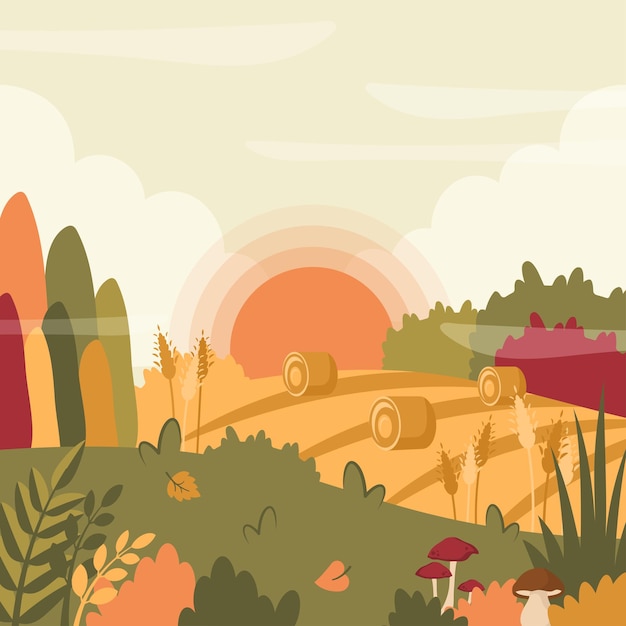 Vettore paesaggio autunnale. autunno bellissimo sfondo con campo, grano e pagliai, tramonto, alba. area rurale. modello della natura. illustrazione del fumetto piatto vettoriale per banner, poster, copertina, biglietto di auguri