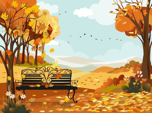 Autumn landscape forest with bench under the tree