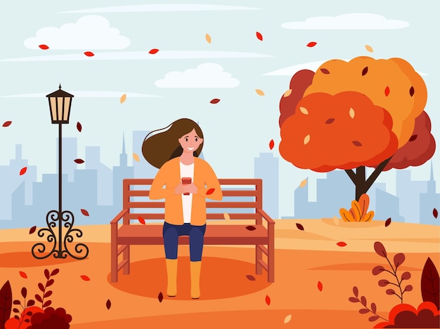 Autumn landscape. The girl rides a bike. Autumn background. Vector illustration in flat style. EPS 10