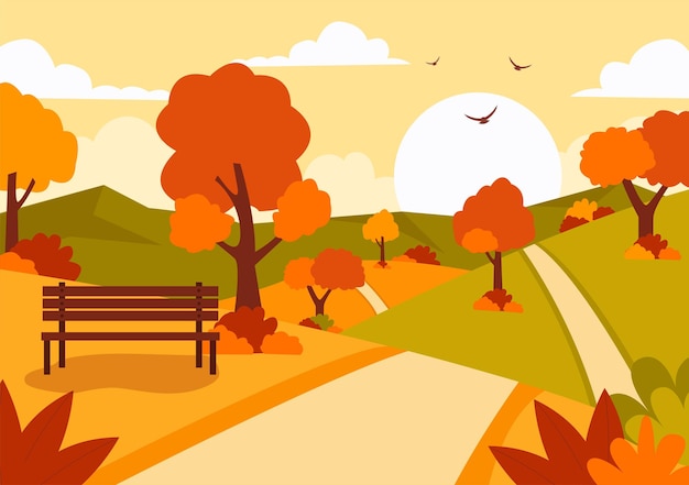 Вектор Иллюстрация осеннего пейзажа с горами, полями и осенними листьями в естественной панораме сезона