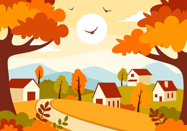 Vector autumn landscape illustration with mountains fields and fall leaves in natural season panorama