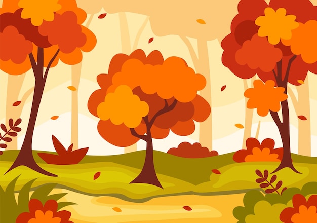 Illustrazione del paesaggio autunnale con montagne, campi e foglie autunnali in un panorama naturale della stagione