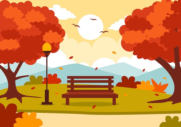 Autumn Landscape Illustration with Mountains Fields and Fall Leaves in Natural Season Panorama