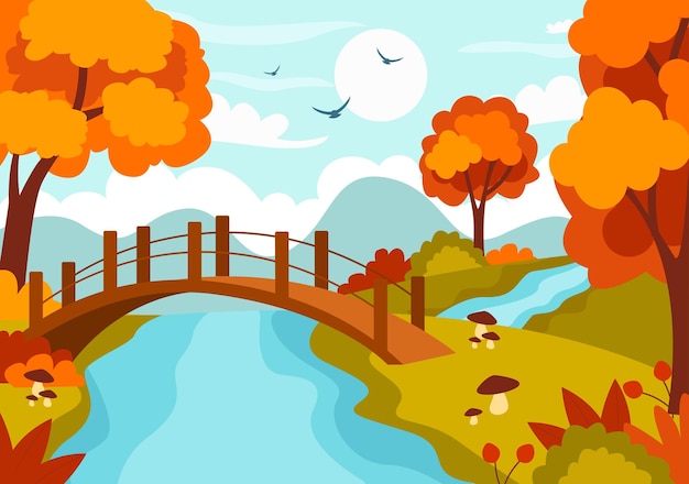 Autumn landscape illustration with mountains fields and fall leaves in natural season panorama