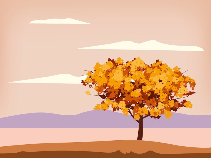 Vector autumn landscape scenery tree orange yellow foliage, lake, park, nature horizon