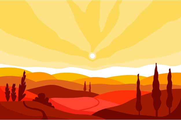 Vector autumn landscape of valley and mountains on sunset