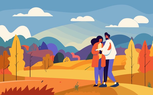 Vector autumn landscape vector illustration in flat style landscape illustration with couple