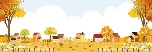 Autumn landscape in village, illustration rural landscape in country with farm house, village scene country panorama view in fall season