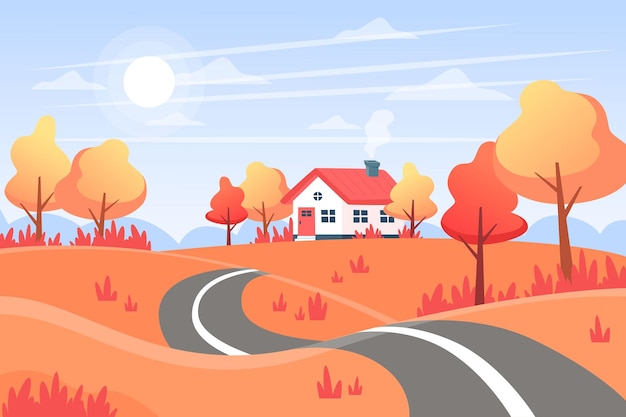 거리, 언덕, 집이 있는 가을 풍경