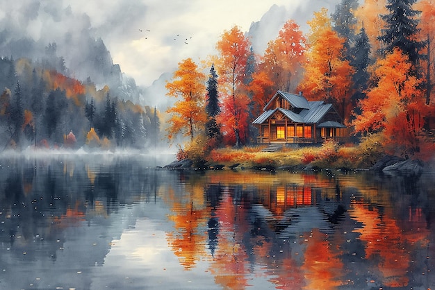 Вектор Осенний пейзаж с голубым озером и множеством красных листьев над цифровой иллюстрацией