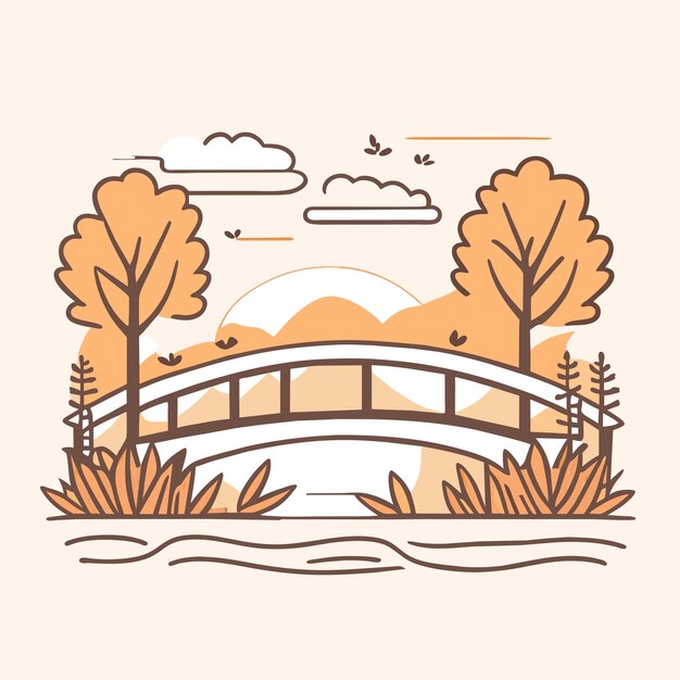 Autumn landscape with bridge and river flat style vector illustration