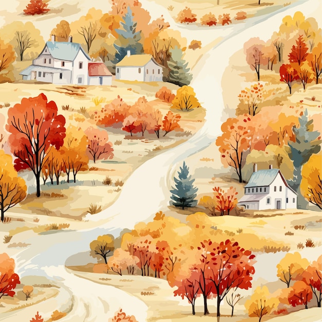 Осенний пейзаж с красочными деревьями, дорогой и домами