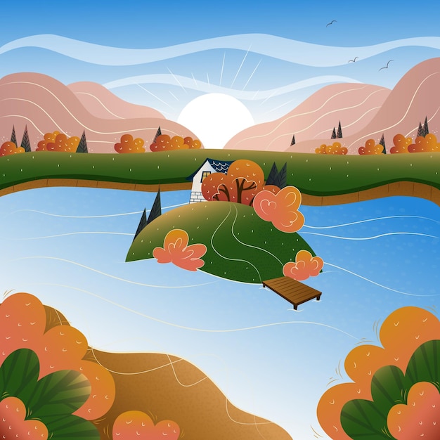 Autumn landscape with a cute house, autumn landscape with a\
lake, mountain autumn landscape