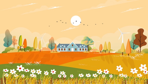 Vector autumn landscape with farm house and grass land on hills, natural foliage in fall season with beautiful panoramic countryside in sunny day morning.