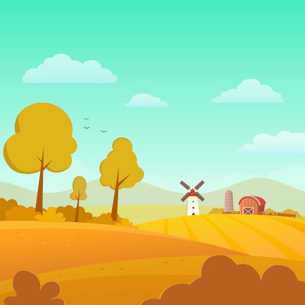 Vector autumn landscape with farm on sunny day