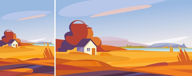 Vector autumn landscape with house on the river bank