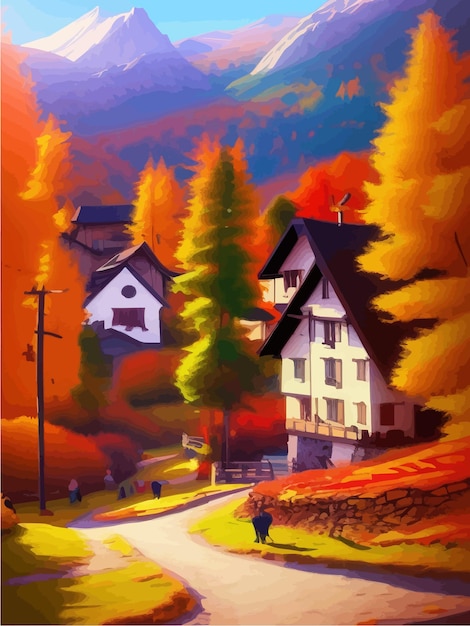 autumn landscape with houses and mountains beautiful orange trees on a sunny day along the road
