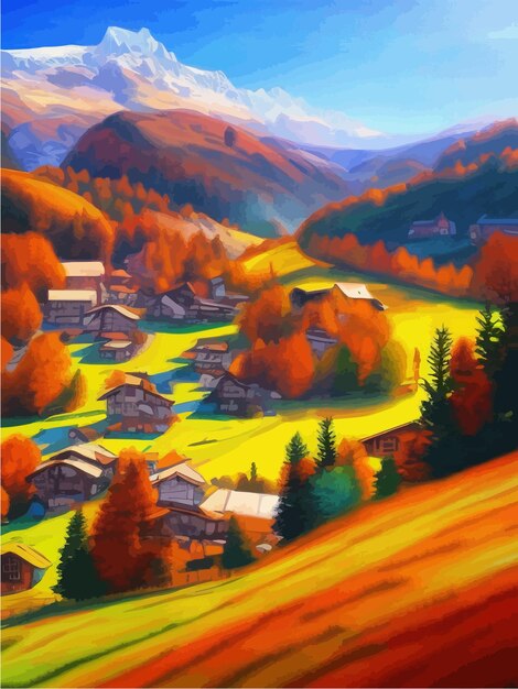 Vettore paesaggio autunnale con case e montagne bellissimi aranci in una giornata di sole lungo la strada