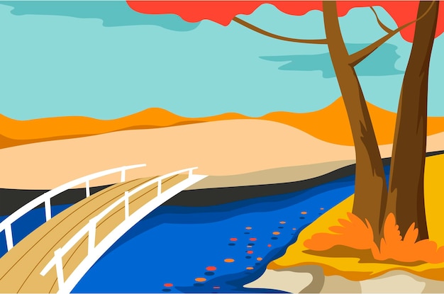 Vector autumn landscape with lake or pond and bridge