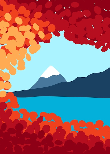 Vector autumn landscape with mountain lake and foliage