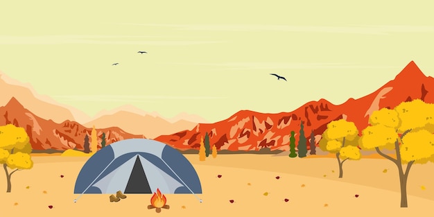 Autumn landscape with mountains Panorama of beautiful nature camp tent and fire