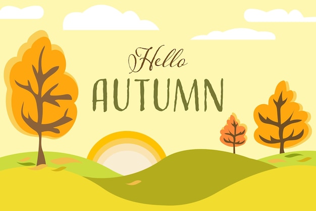 Осенний пейзаж с горными деревьями и осенними листьями Hello Autumn надписи логотип