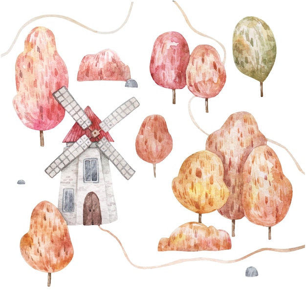 Autumn landscape with red and yellow trees and windmill cute watercolor childrens illustration