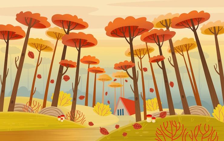 Vector autumn landscape with road, house and yellow magical trees. cartoon style vector.