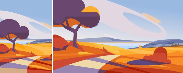 Vector autumn landscape with road to the lake