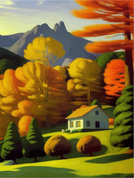 Autumn landscape with rural houses hills and forests sunny day in countryside in autumn vector