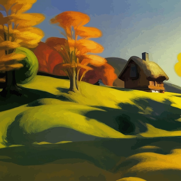 空と山を背景に小さな家の木の茂みと歩道の黄色い木がある秋の風景