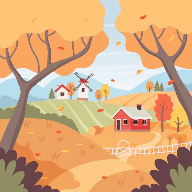 Vector autumn landscape with trees fields houses and windmill