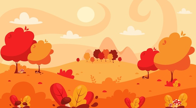 Осенний пейзаж с деревьями, горами, полями, листьями. Сельский пейзаж. Осенний фон.