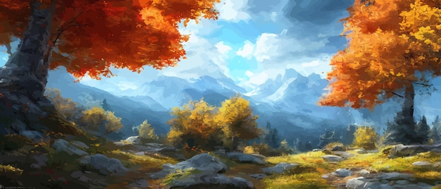 Vector autumn landscape with trees mountains rural landscape autumn background vector illustration