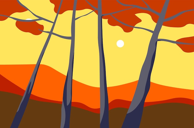 Осенний пейзаж с деревьями и вектором вид на закат