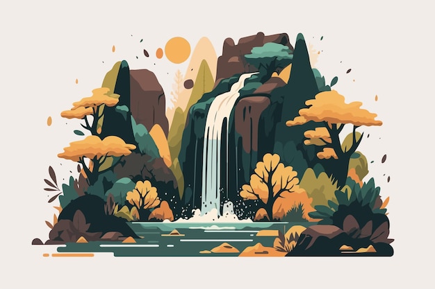 Vector autumn landscape with waterfall colorful vector illustration in flat style