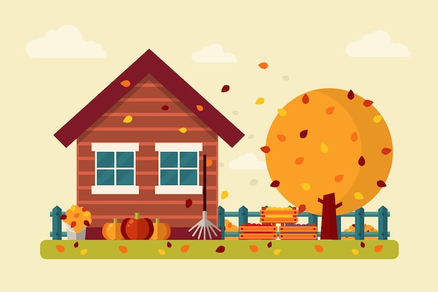 Autumn Landscape with Wooden House Pumpkins Leaves Tree Fruit and Rake Flat Design Style