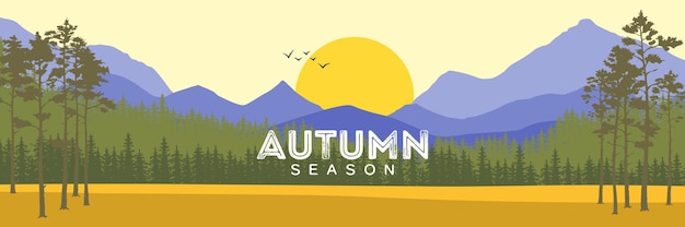 Vector autumn landscape with yellow meadow, forest, mountain and lake on a cloudy sky.