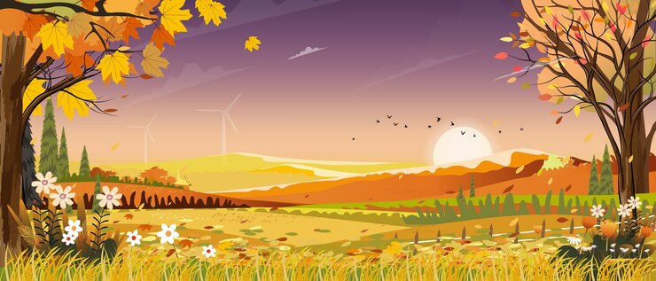 Vector autumn landscapes of countryside with sunset and purple sky