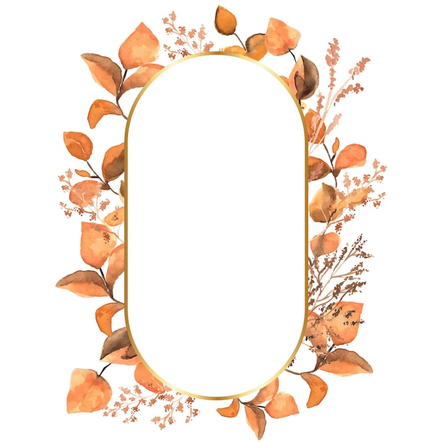 Autumn leaf border with gold capsule shape frame watercolor