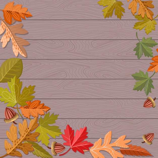 Vector autumn leaf on brown wood seamless pattern