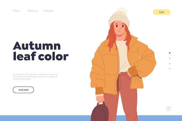 Autumn leaf color concept for fashionable urban street style clothes teenage female outwear Warm short jacket and knitted hat promotion landing page design website template vector illustration